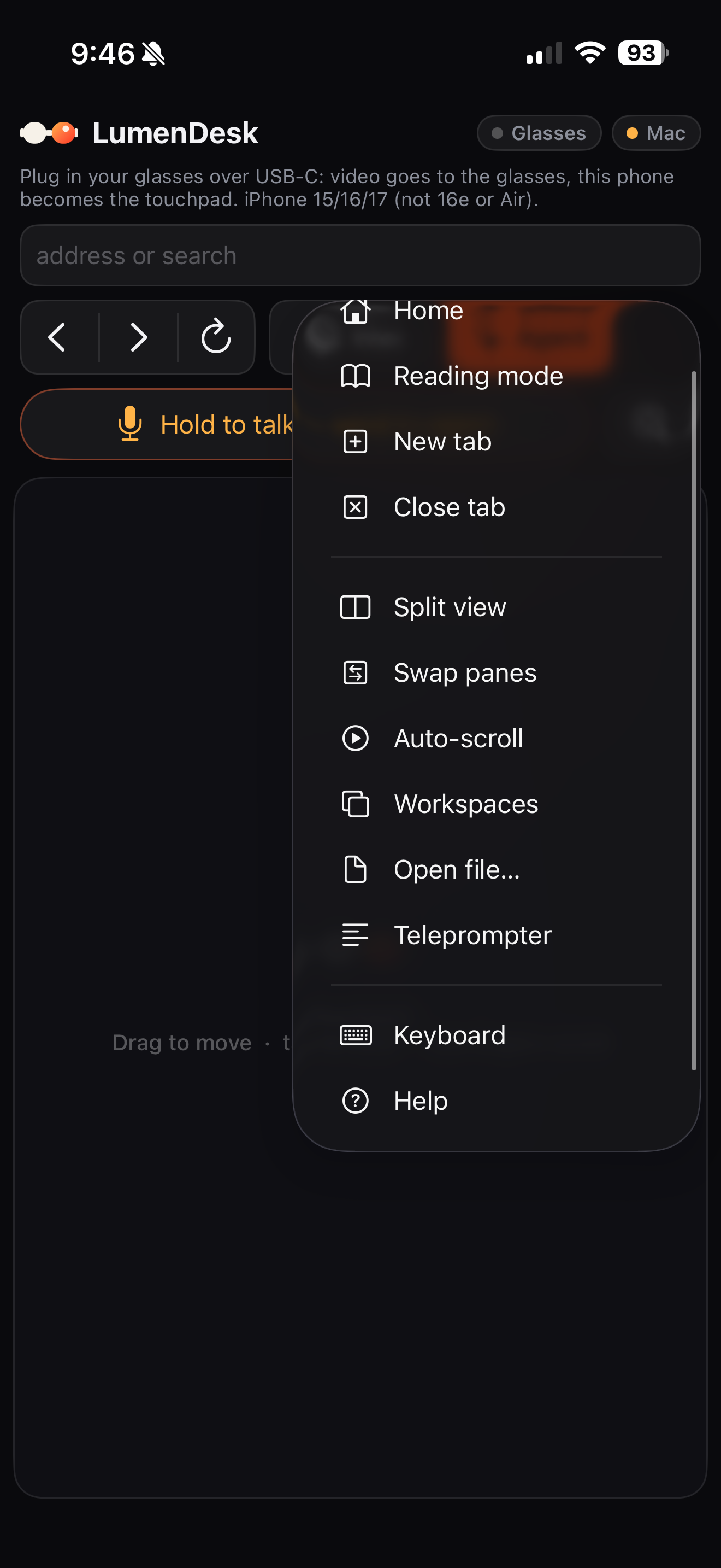 Quick menu — split view, reading mode, teleprompter